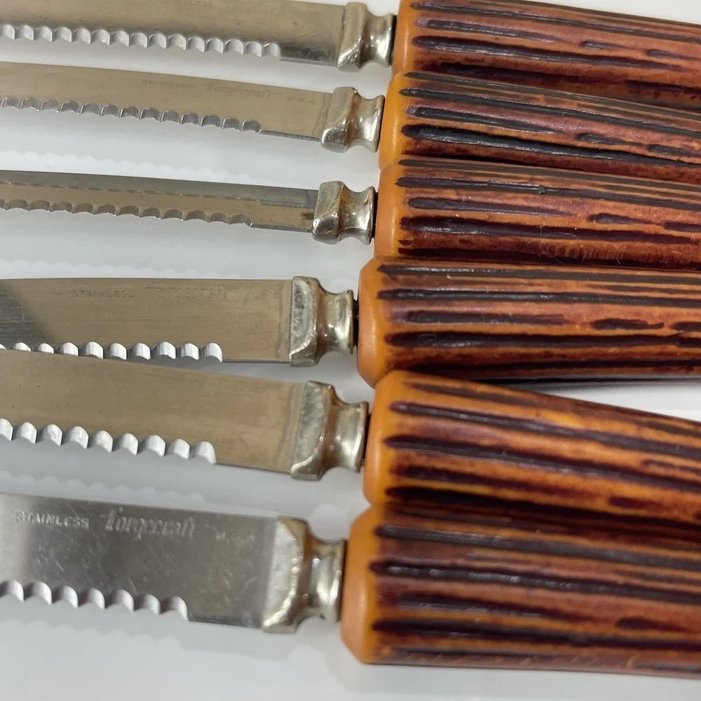 Vintage Stainless Forgecraft USA Steak Knives Set 6 Stag Faux Antler Handle MCM